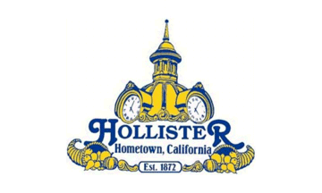 Flag of Hollister, California — the city seal with the clock tower, cornucopias, and the words Hometown, California, Est. 1872.