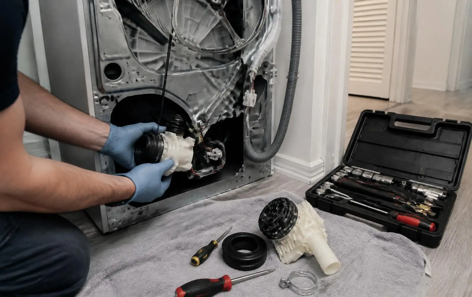 Gloved technician hands replacing a drain pump on the back of a washing machine with tools laid out on a towel
