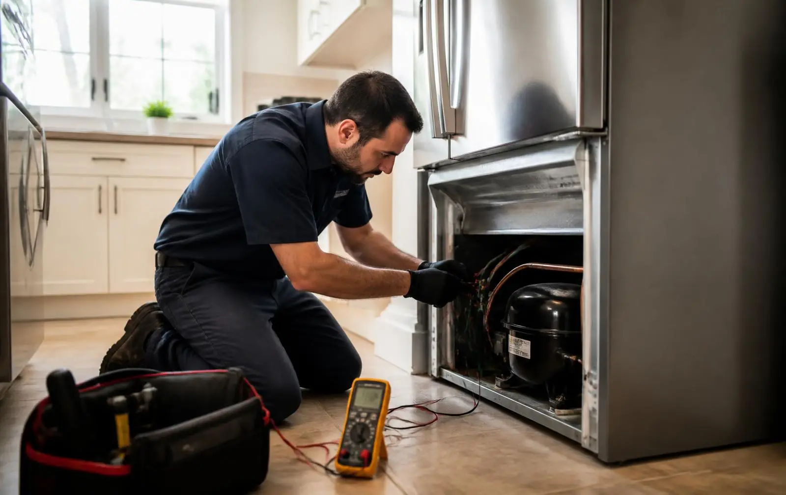 Appliance technician testing an open stainless refrigerator with a multimeter in a Hollister kitchen