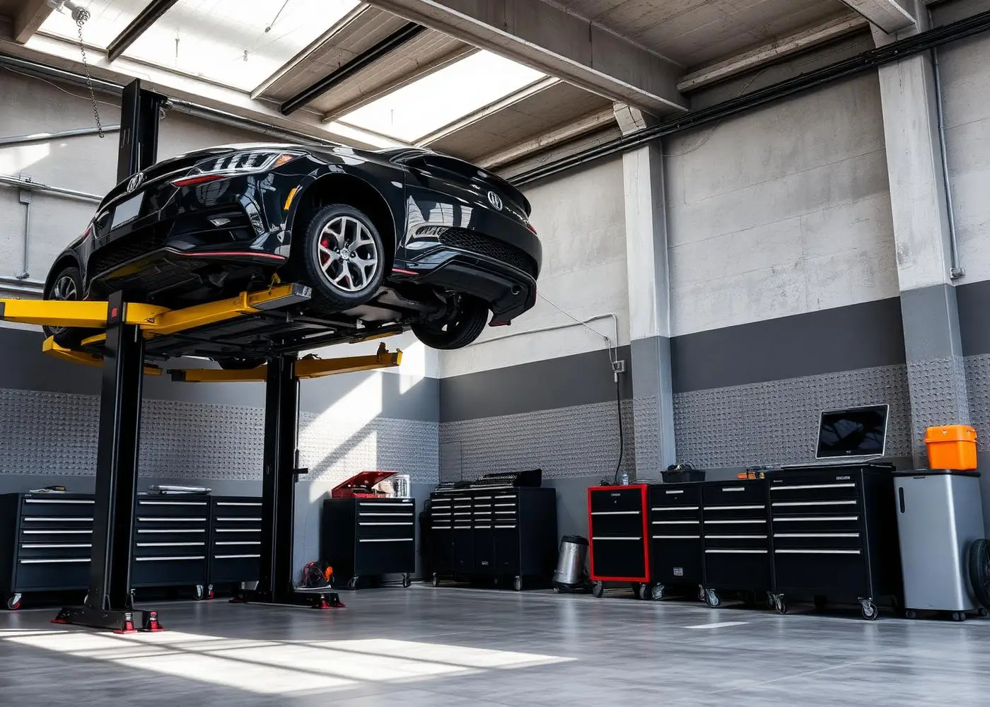 A car raised on a hydraulic lift inside a clean, well-lit service bay