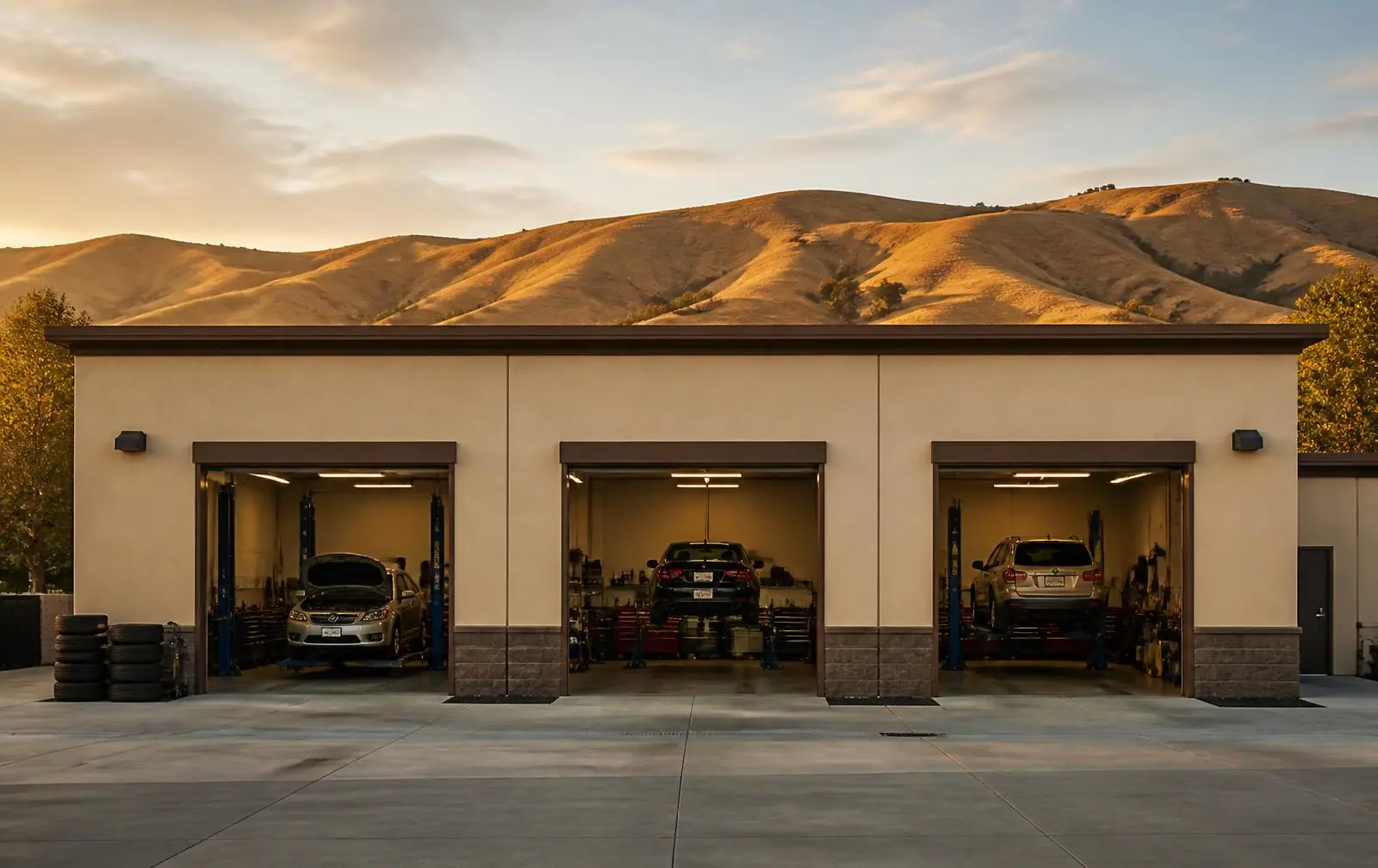 Open service bays at a clean auto repair shop, from the Example Auto Repair sample website