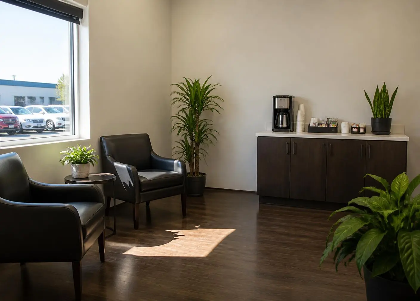 A clean, sunlit auto shop waiting area with chairs, plants, and a coffee station