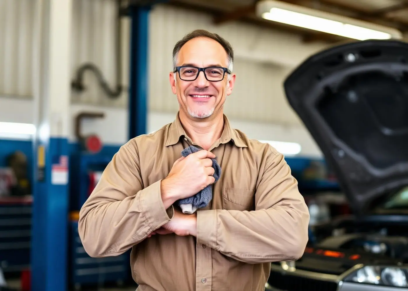 An experienced mechanic standing in a garage bay, wiping his hands with a shop rag
