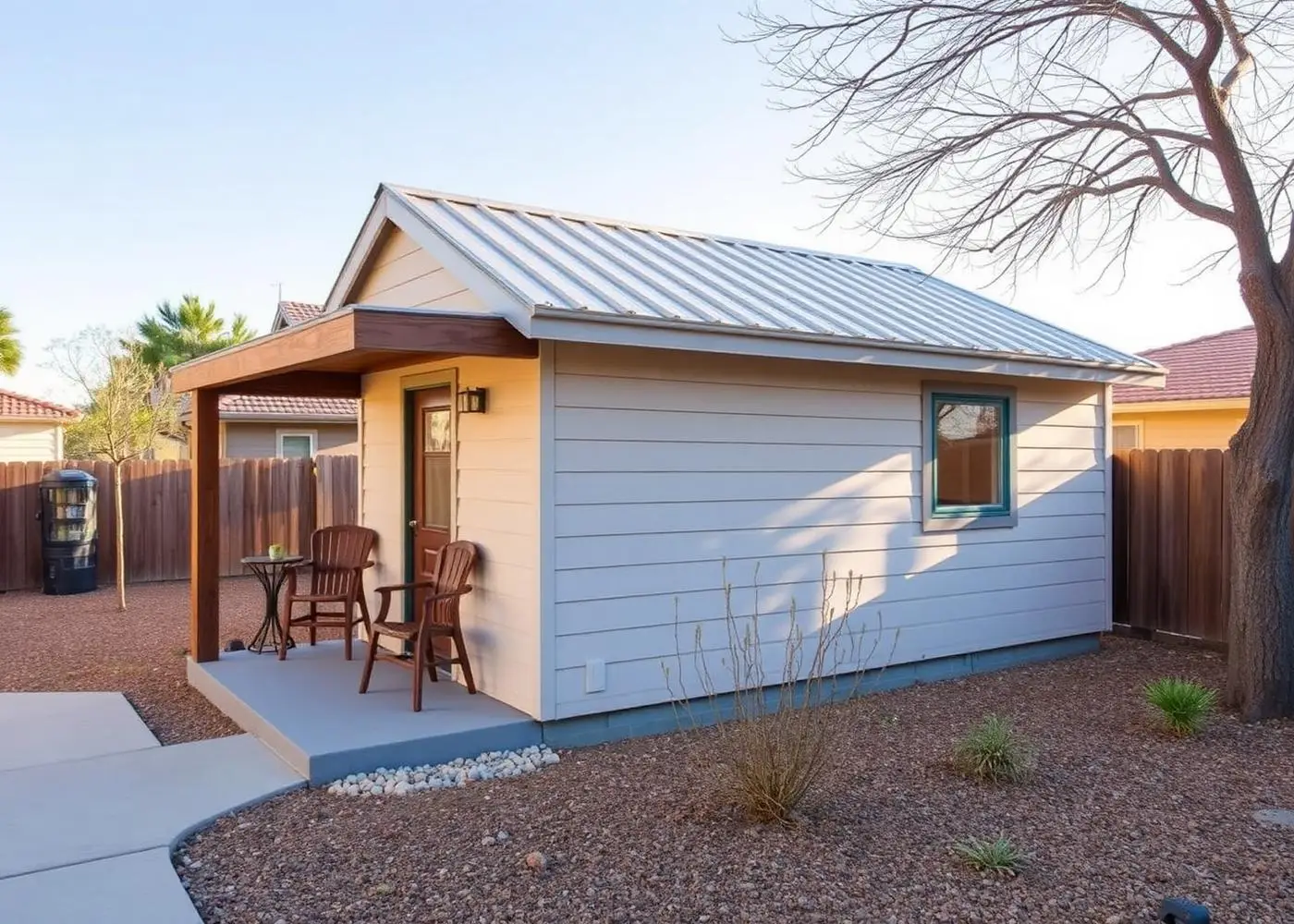 A finished detached backyard ADU cottage with board-and-batten siding, tall windows, and a small covered porch