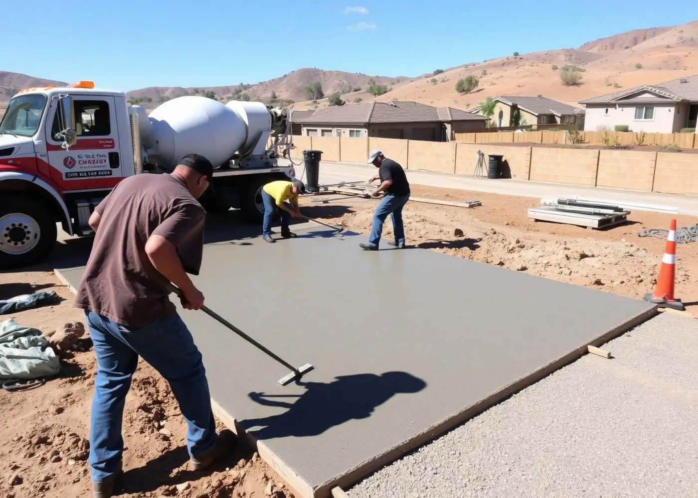 A crew screeding a freshly poured concrete driveway slab at a residential jobsite with dry hills in the distance