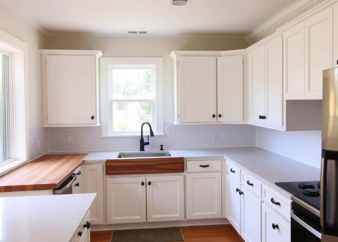 A finished remodeled kitchen with white shaker cabinets, quartz and butcher-block counters, and daylight over the sink