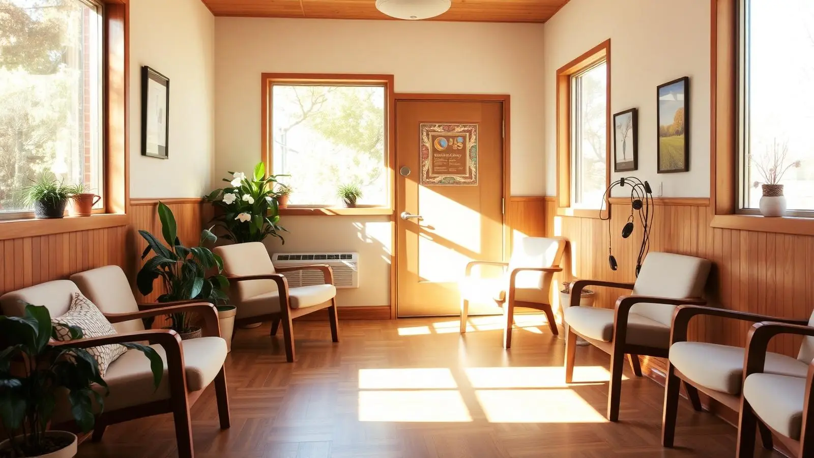 The clinic's sunlit waiting room with wood paneling and comfortable seating