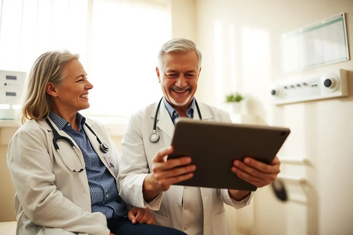 Two clinicians in white coats reviewing a patient chart on a tablet in a bright exam room