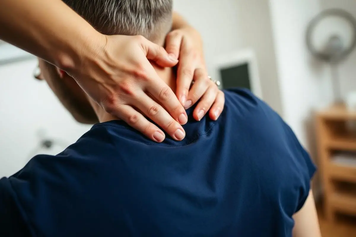 A chiropractor's hands assessing a patient's neck mobility during an appointment