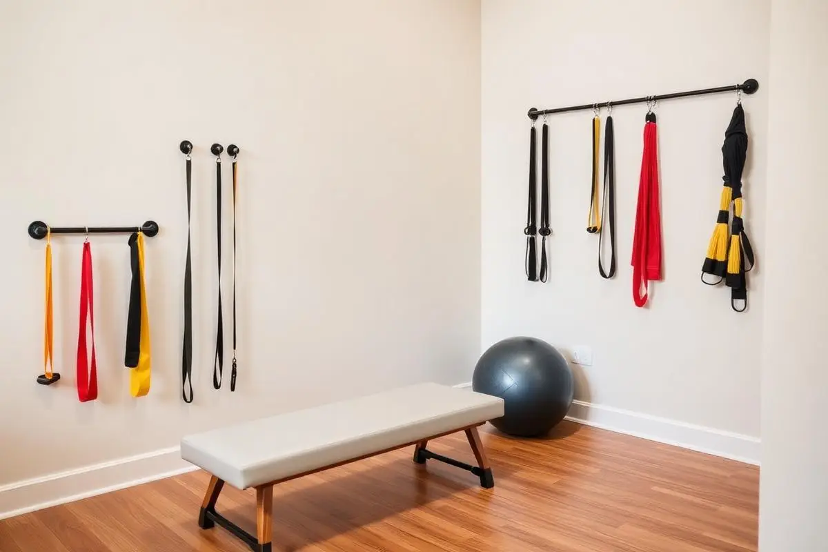 A rehab area with resistance bands, a foam roller, an exercise ball, and a low bench in a sunlit room