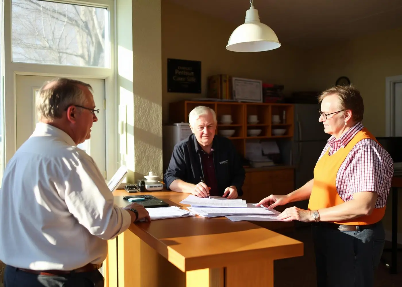 City staff helping a resident with permit paperwork and plans at a public counter