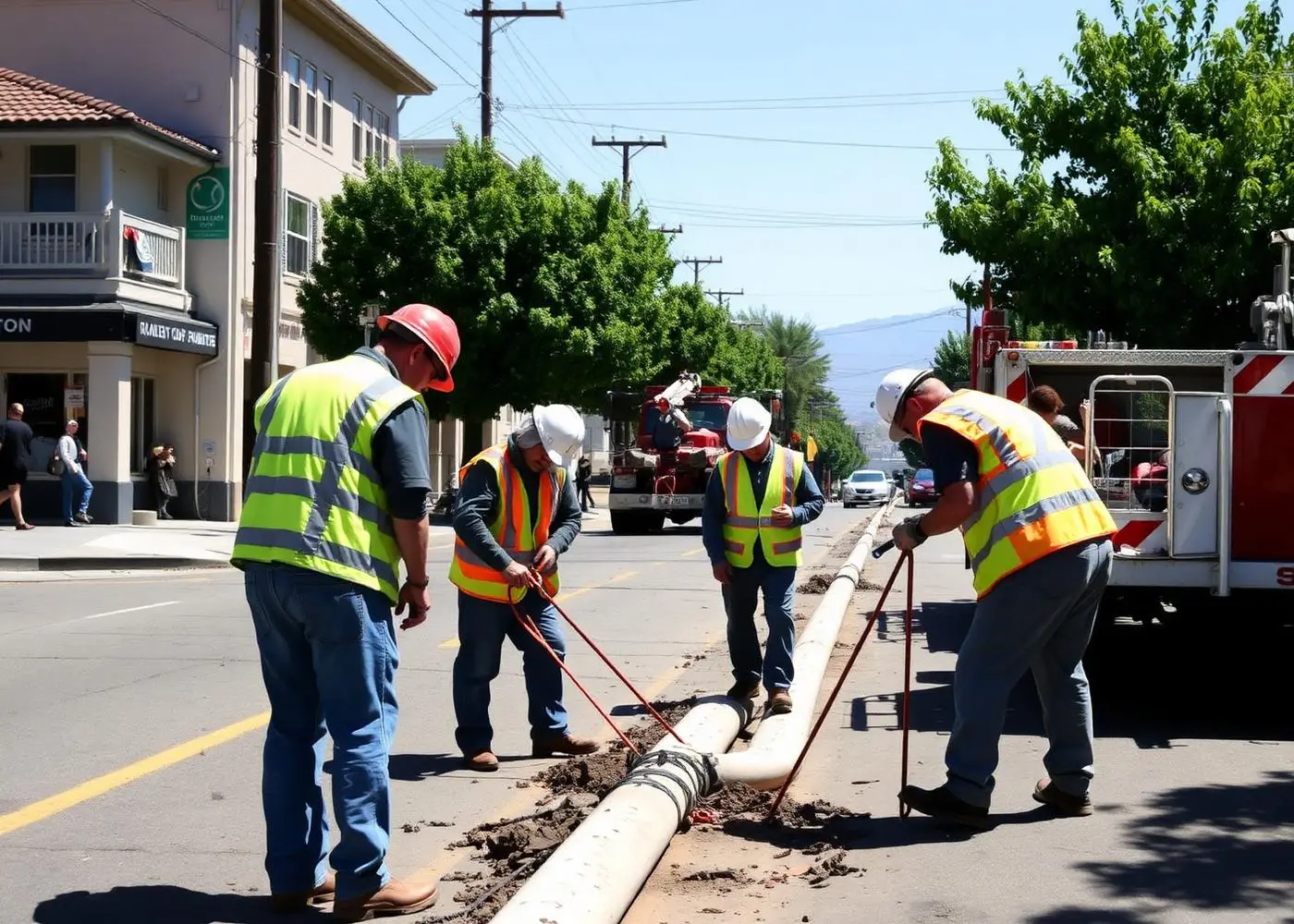 Public works crew in safety vests repairing a street and water line in a small California town