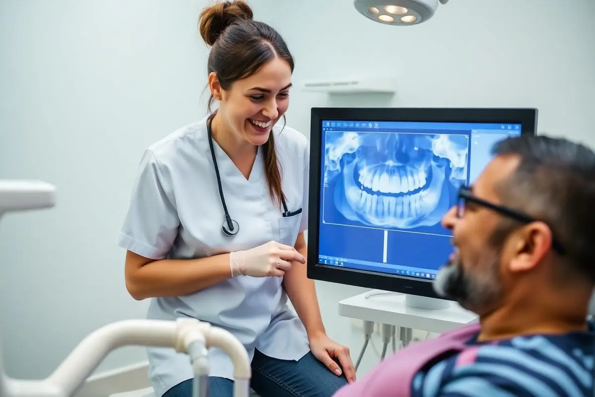 A dentist reviewing an x-ray on a chairside monitor with a patient