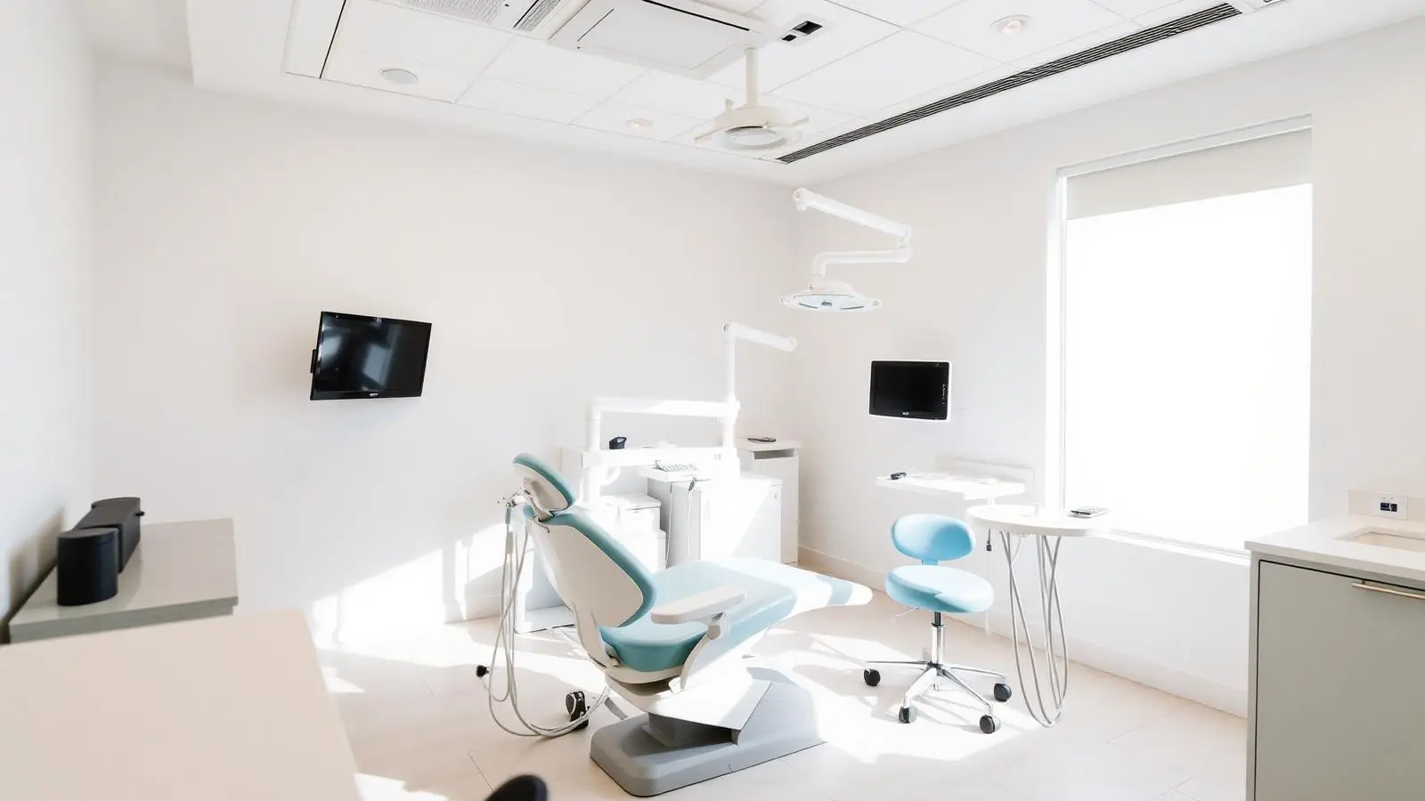 A bright dental operatory with wood accents and daylight, from the Example Dentistry sample website
