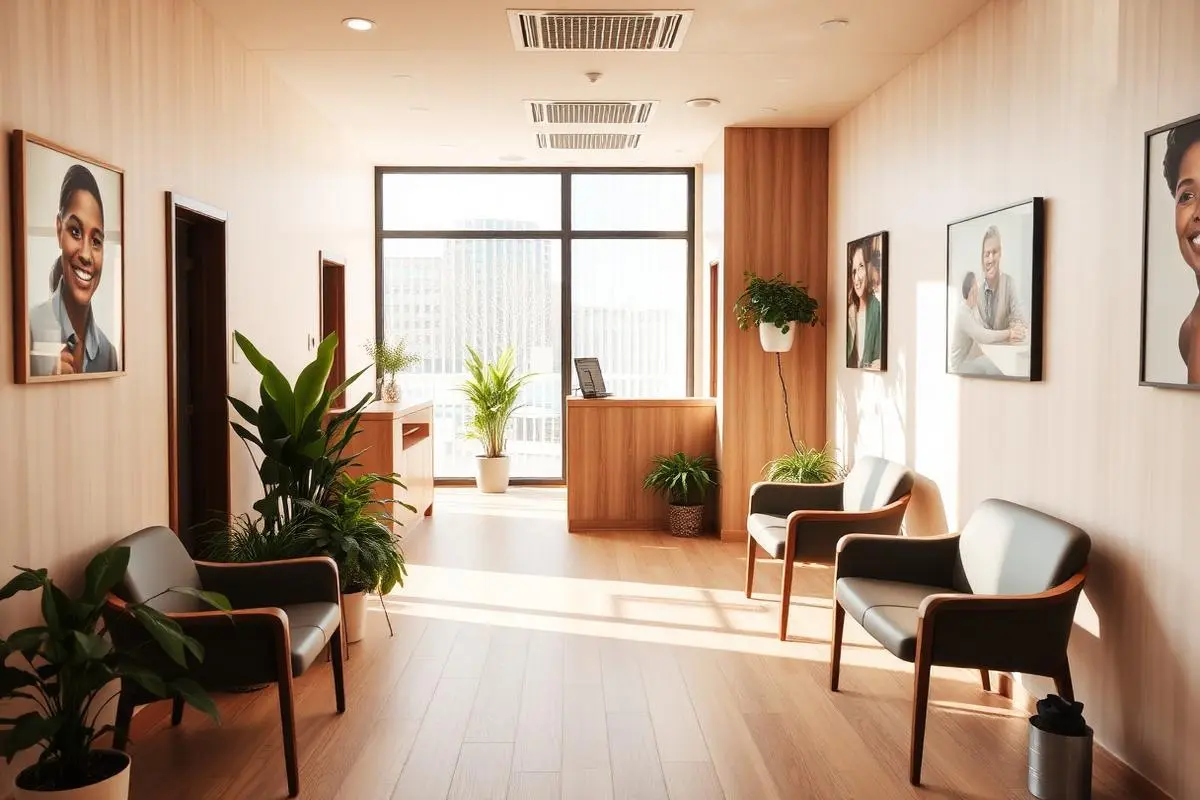 A calm, sunlit dental office reception area with wood accents