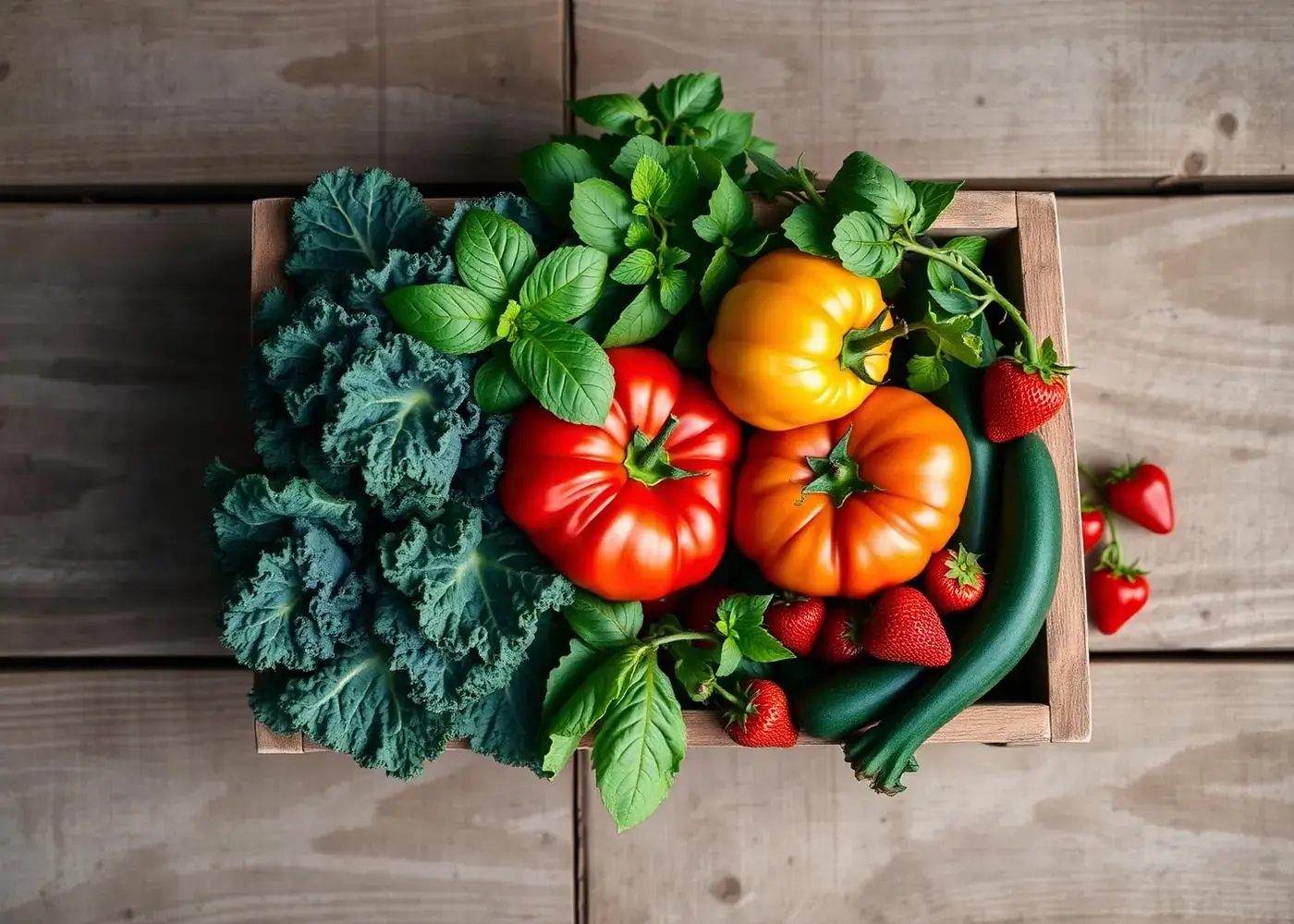 A wooden CSA box filled with heirloom tomatoes, kale, basil, zucchini and strawberries