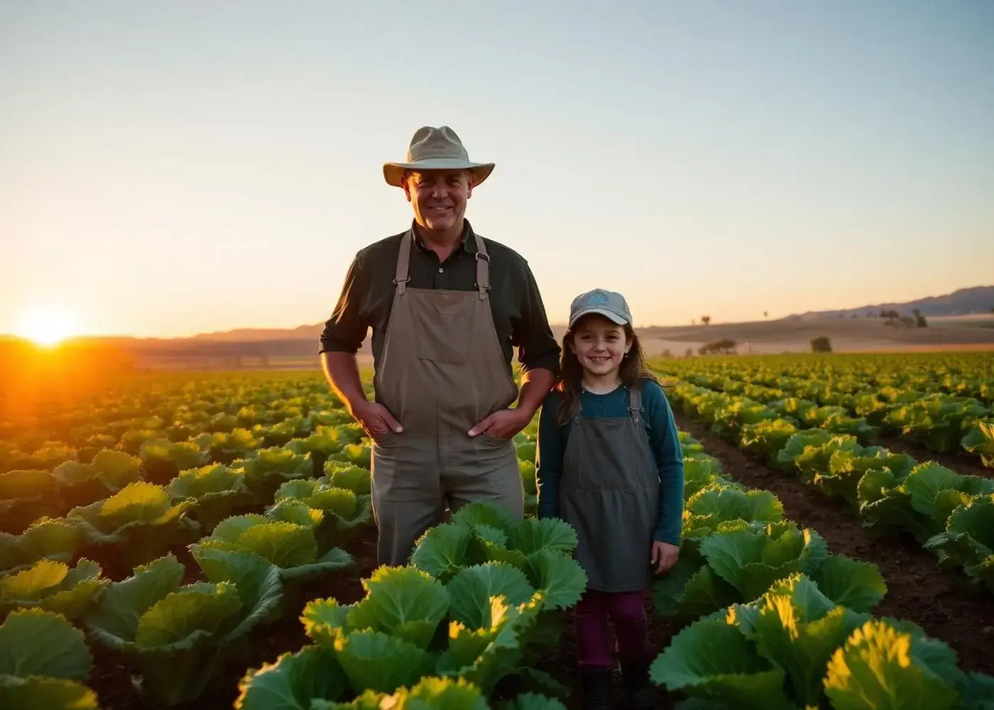Two farmers standing in a row of leafy crops at sunrise on a California valley farm