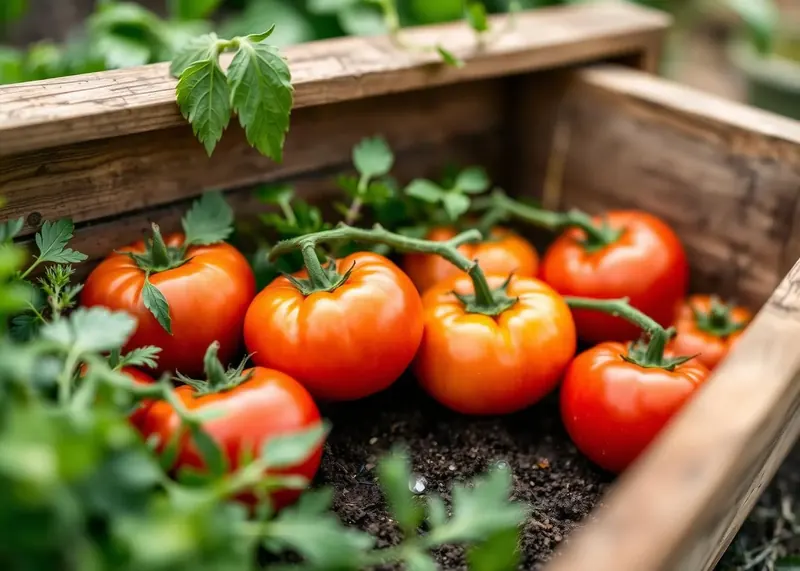 Heirloom tomatoes and herbs picked that morning, resting in a wooden harvest crate