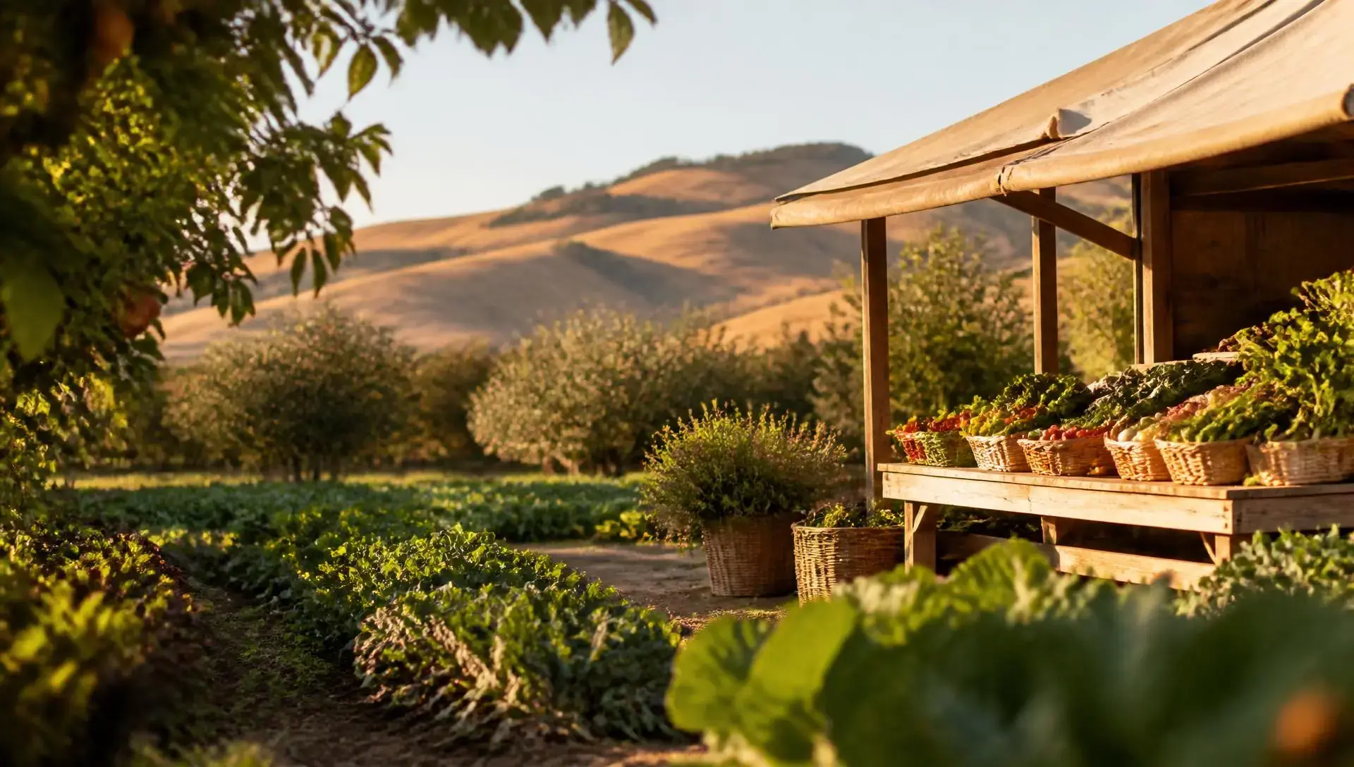 Rows of vegetables and a wooden farm stand with golden hills behind, from the Example Family Farm sample website