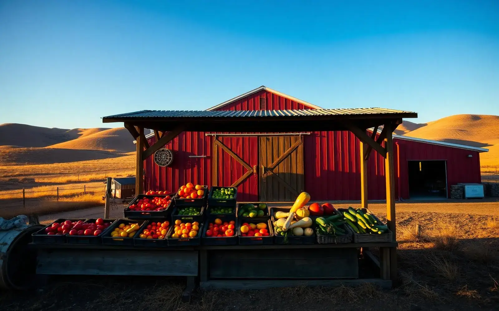 The Example Family Farm stand loaded with produce in front of a red barn