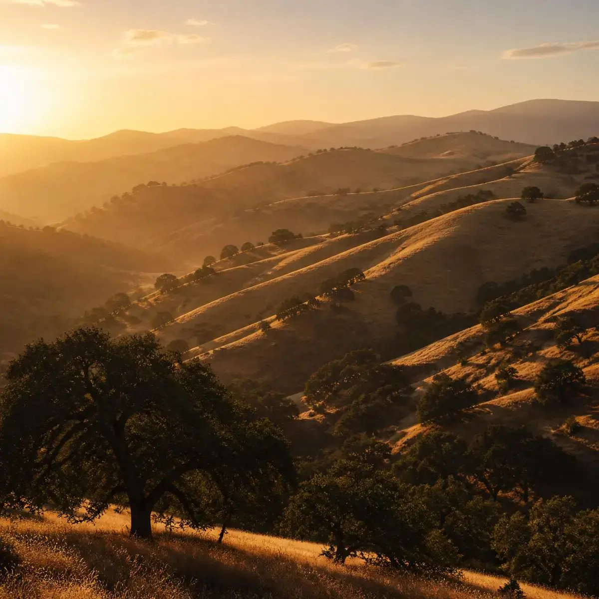 Golden hour light across the Hollister Hills of San Benito County, California