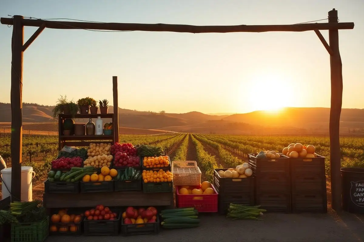 Family farm stand with fresh produce and San Benito County farmland