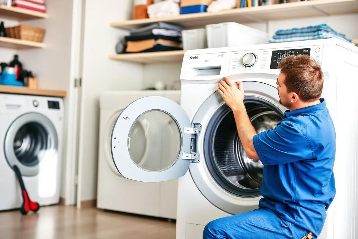 Appliance repair technician servicing a washing machine in a home laundry room
