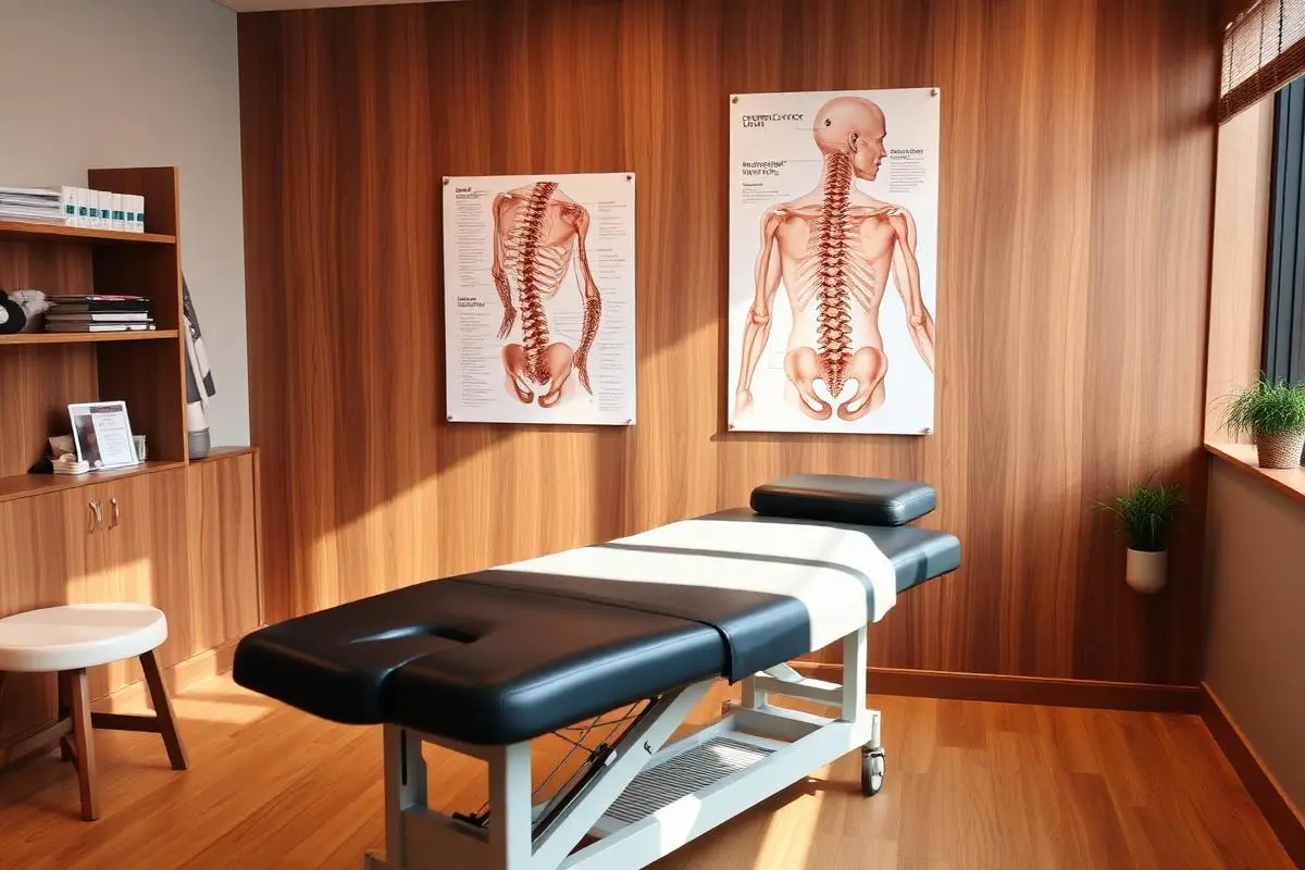 Chiropractic treatment room with adjustment table and spine charts