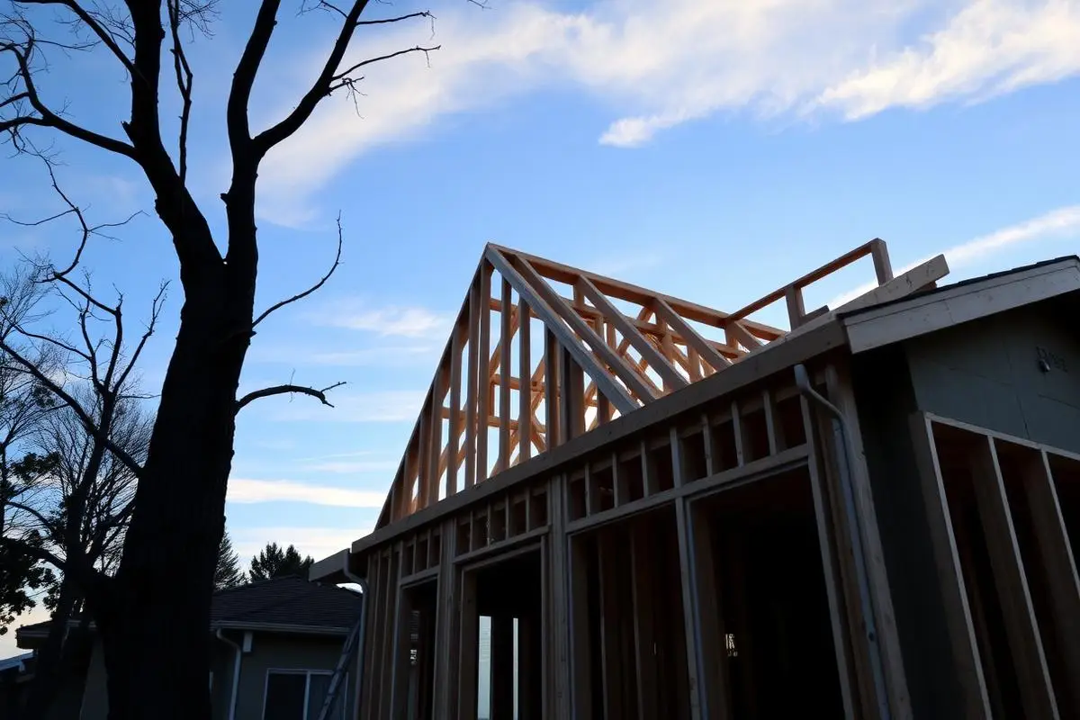 New home addition framing against a blue California sky