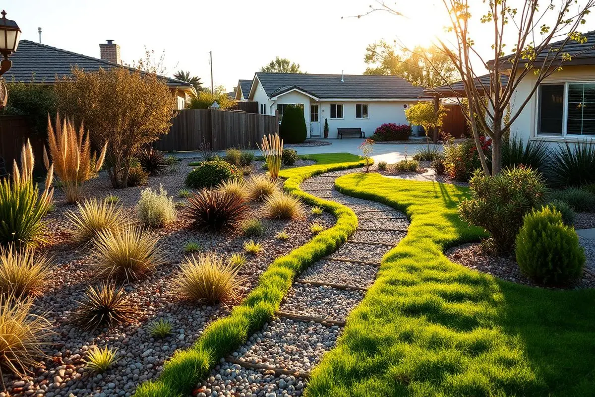 Drought-tolerant front yard landscaping in a California neighborhood