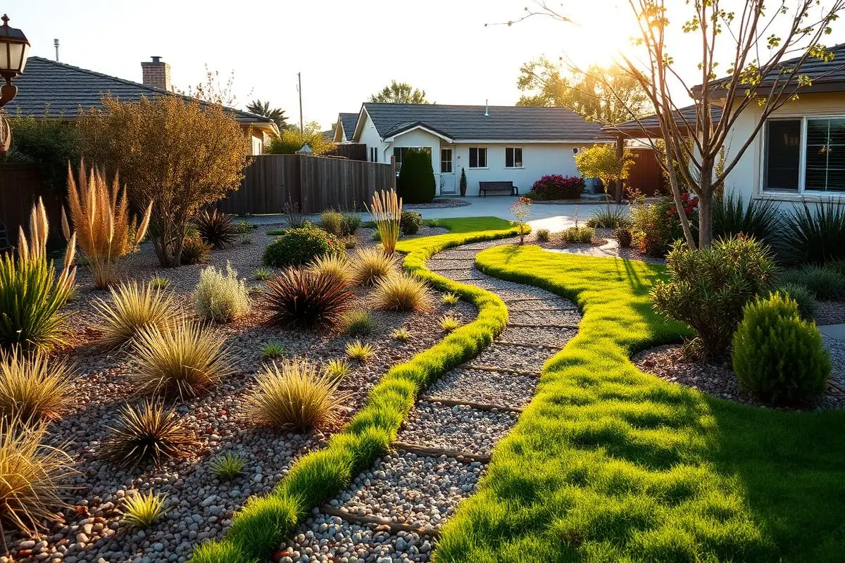 Drought-tolerant front yard landscaping in a California neighborhood