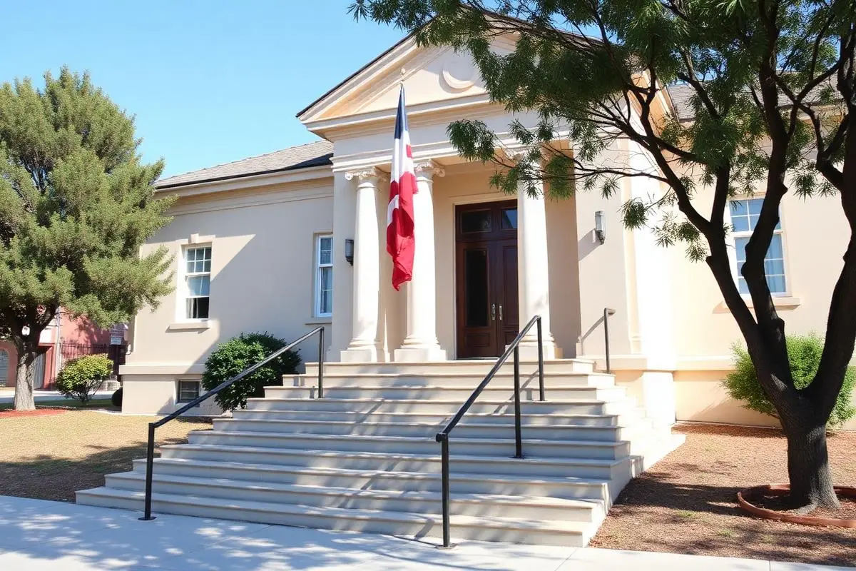 Small California civic building with flag and public entrance steps