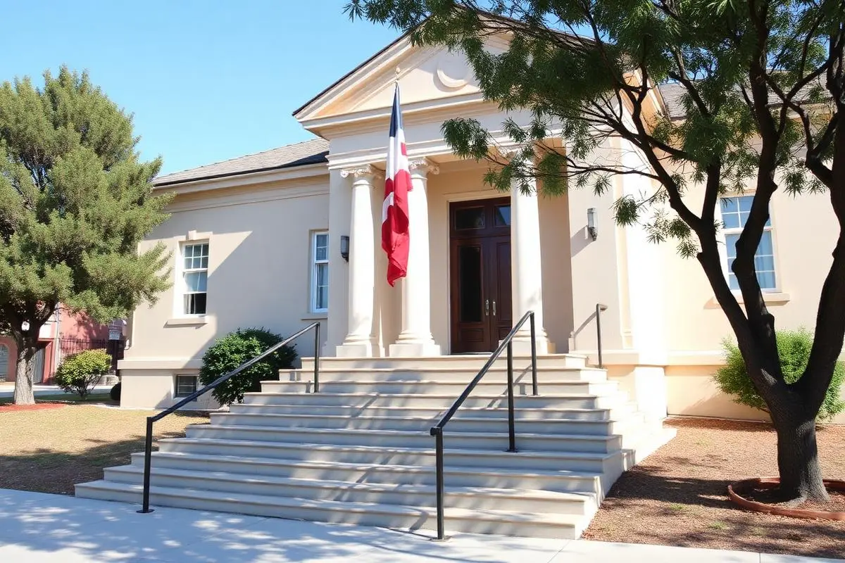 Small California civic building with flag and public entrance steps