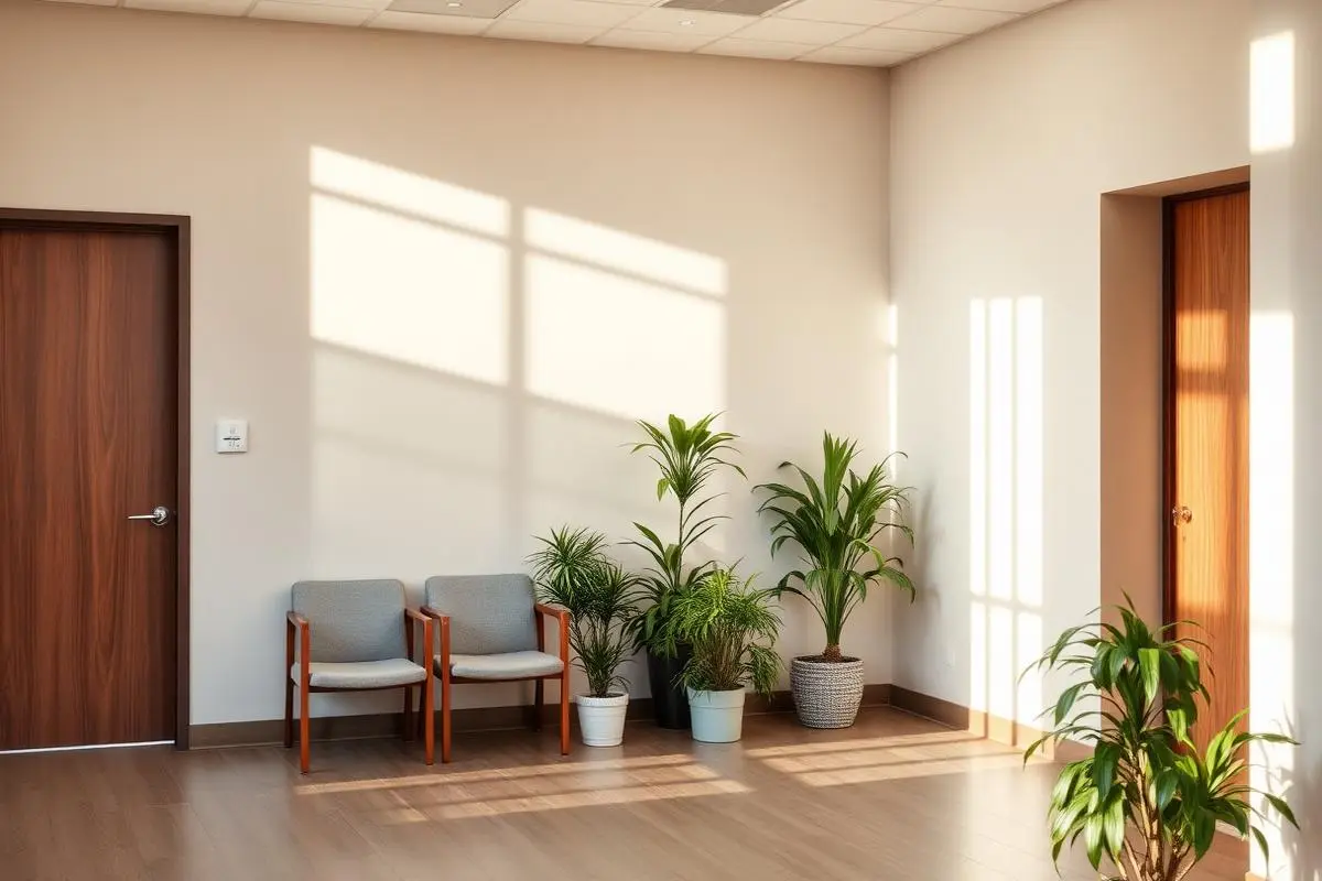 Calm medical clinic waiting area with plants and daylight