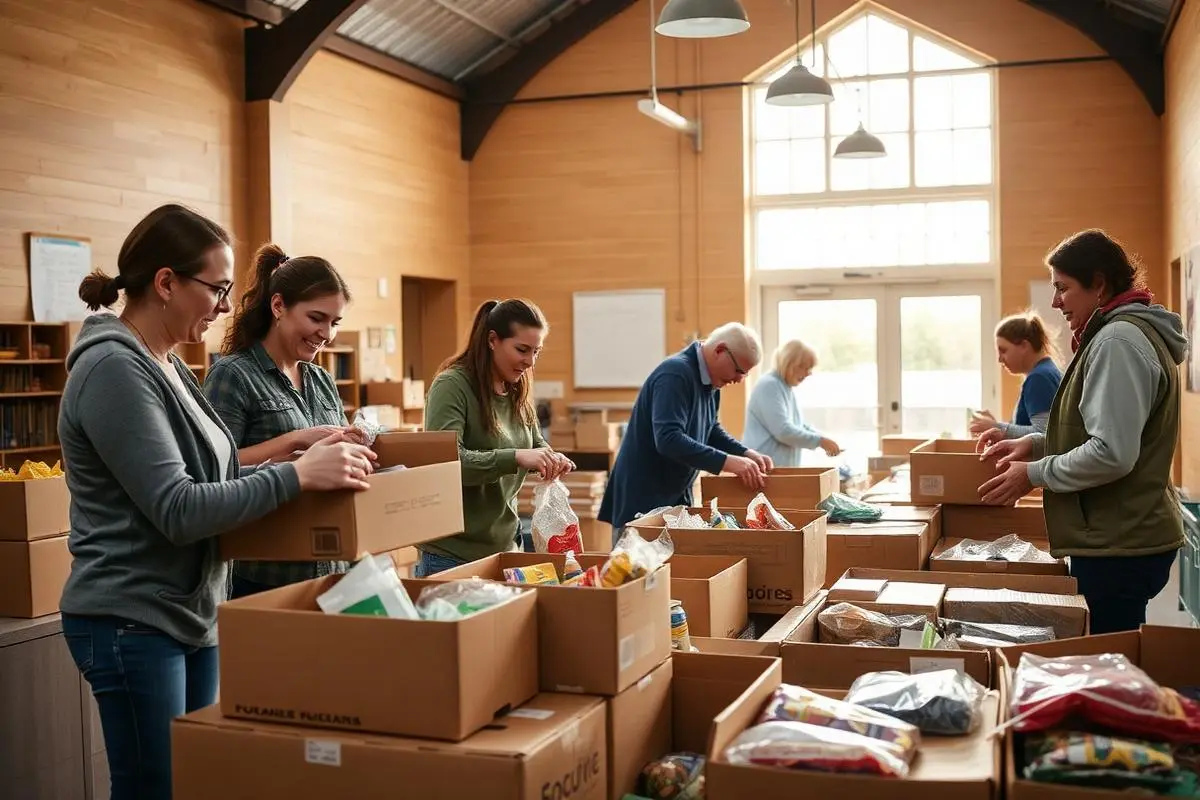 Volunteers packing donation boxes in a community hall