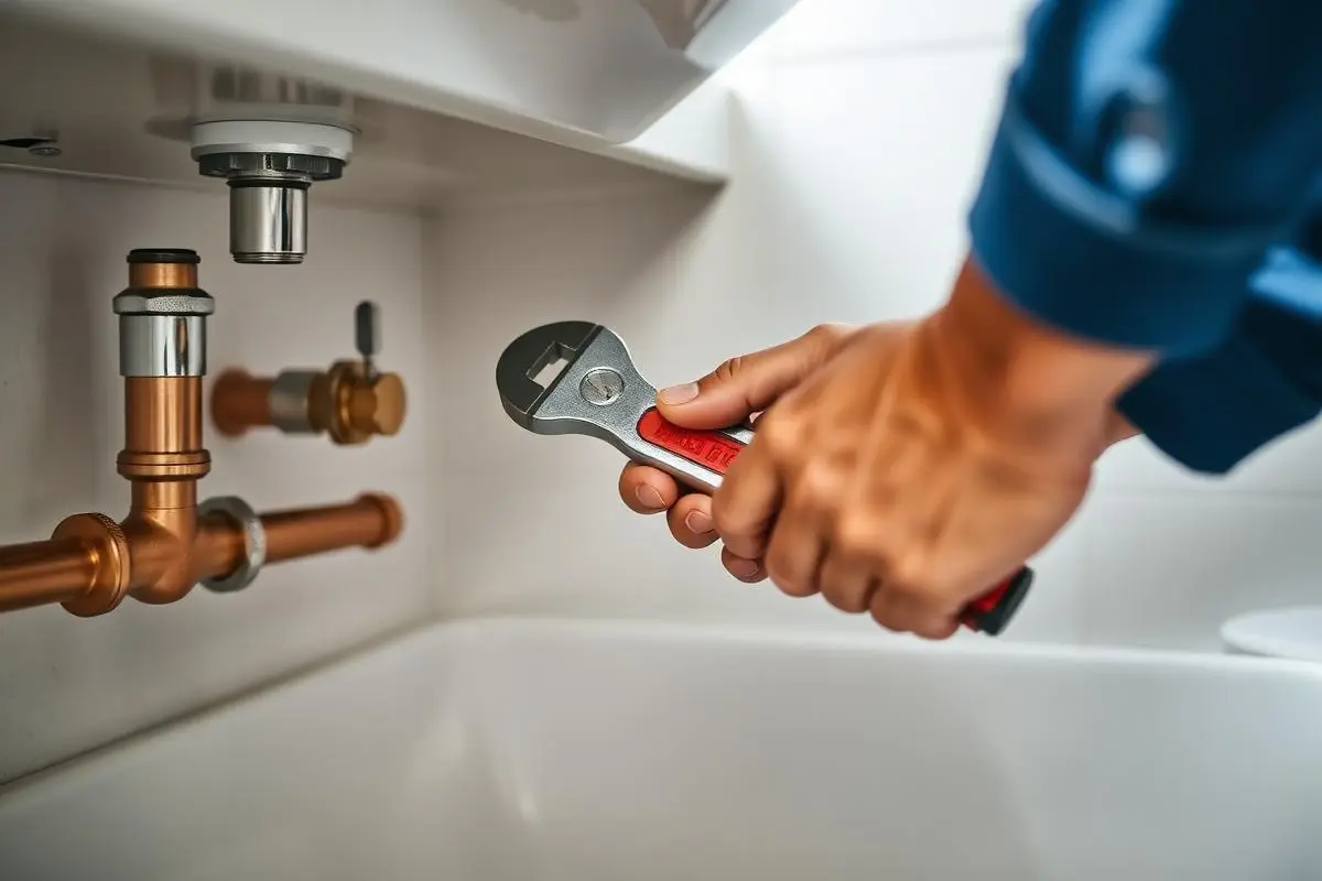 Plumber working on copper pipes under a bathroom sink