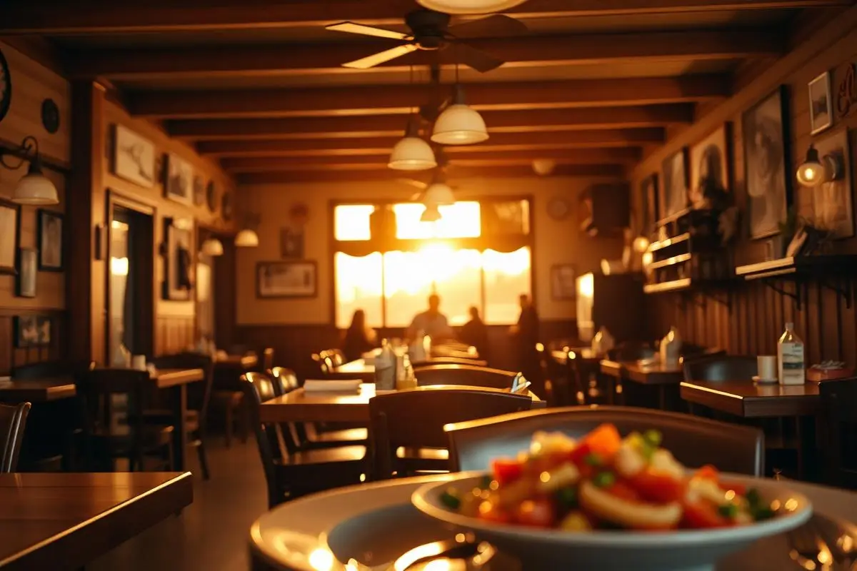 Warm small-town restaurant dining room at golden hour