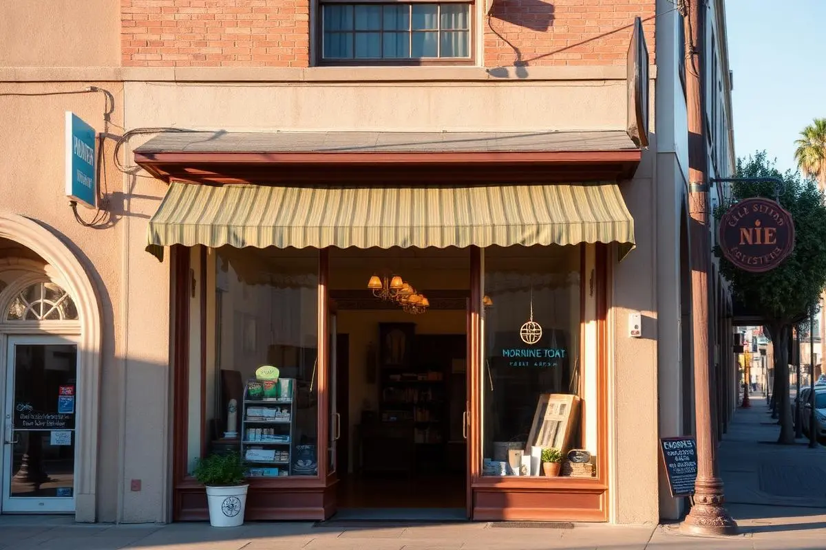Downtown retail storefront with awning in afternoon light
