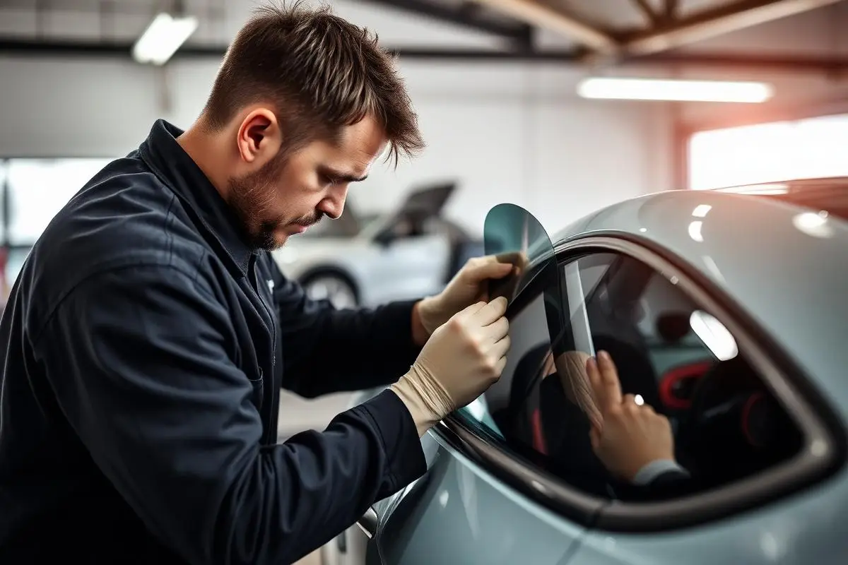 Technician applying window tint film to a car in a clean shop bay