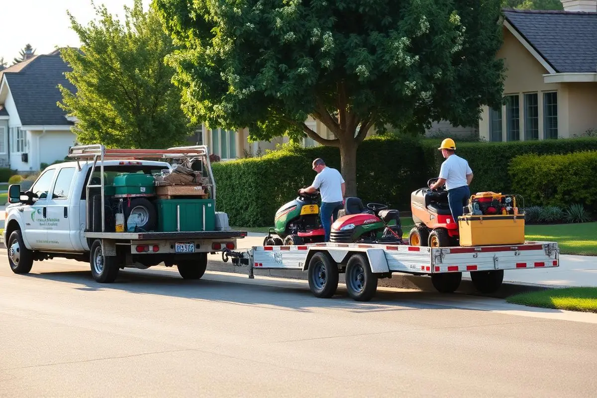 A landscaping crew loading mowers onto a trailer on a residential street in the morning