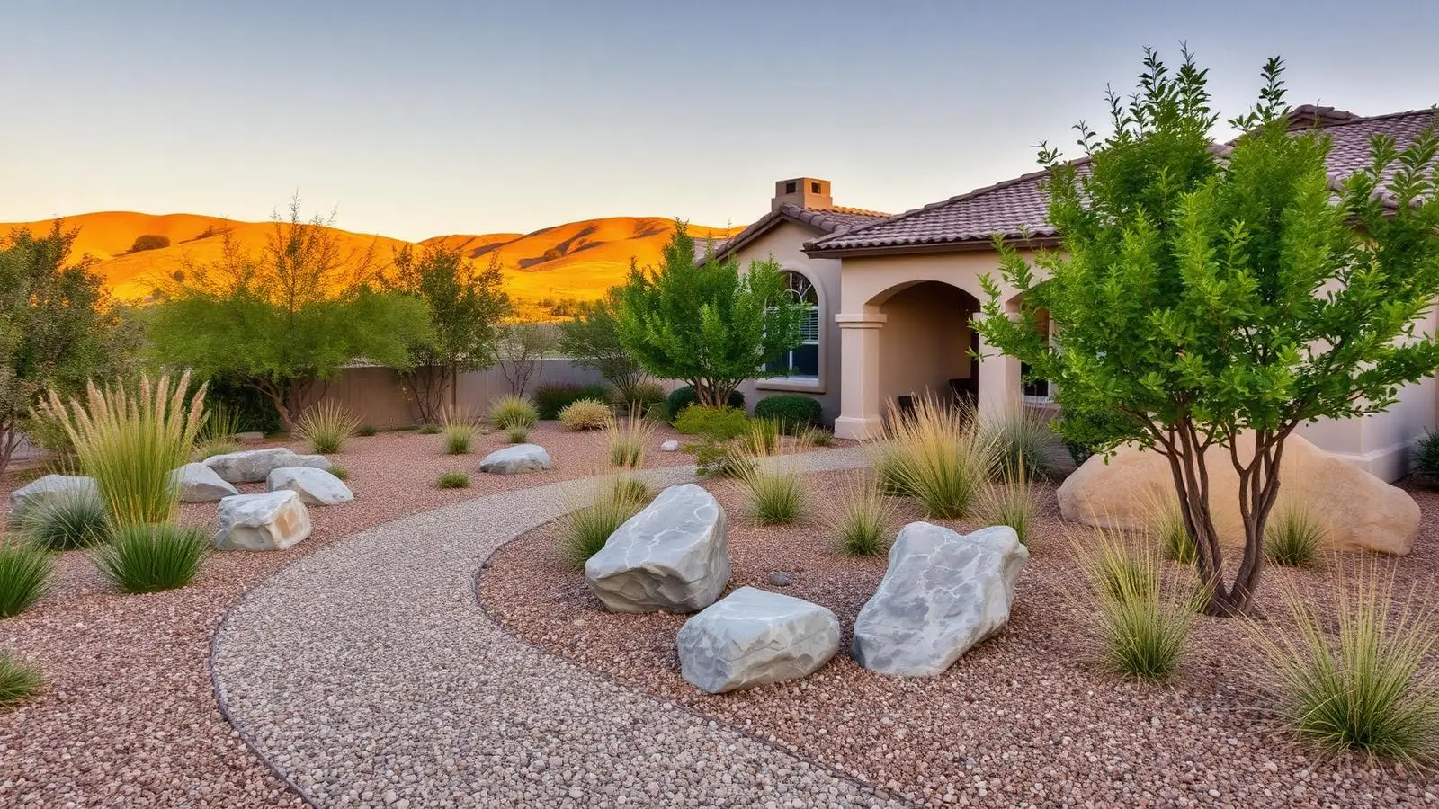 A drought-tolerant front yard with a gravel path and native grasses, from the Example Landscaping sample website