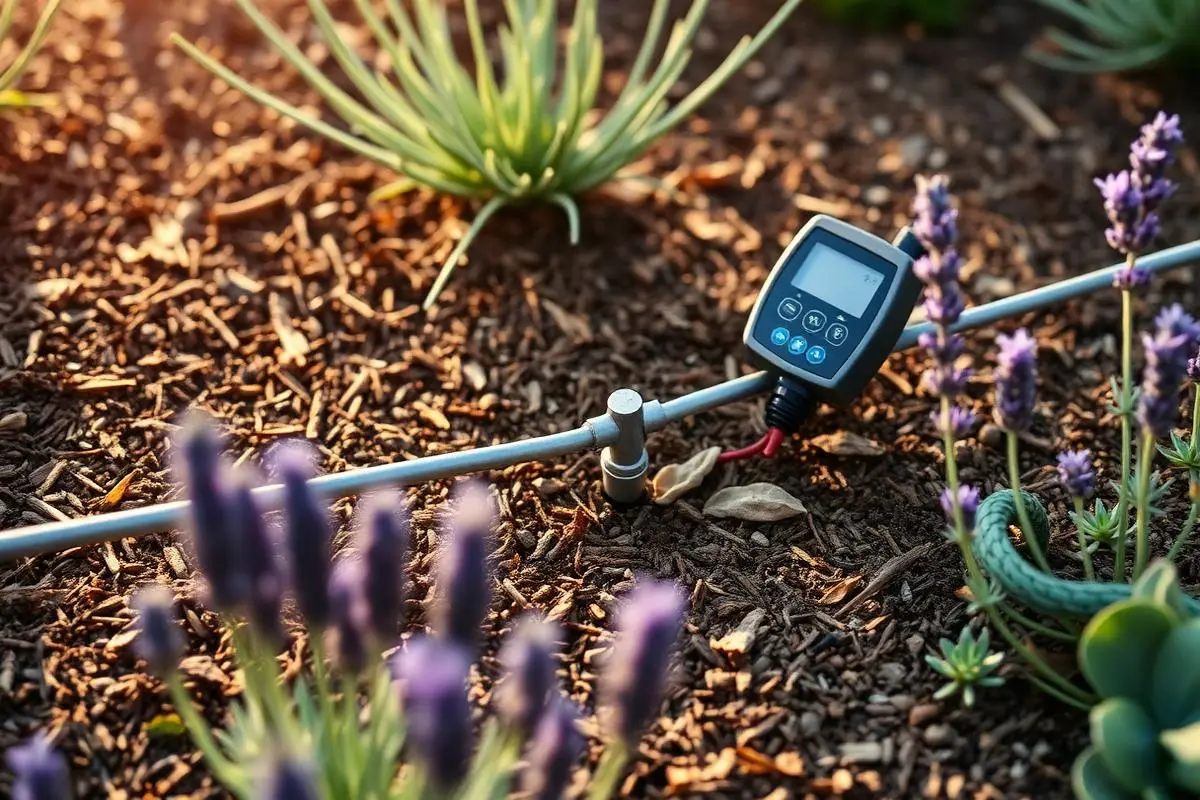 Drip irrigation tubing and a smart controller in a mulched garden bed planted with lavender