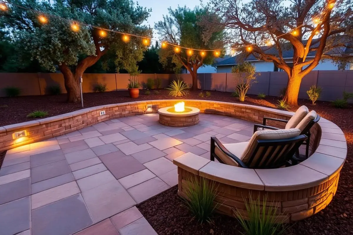 A flagstone patio with a curved seat wall, gas fire pit, and string lights at dusk