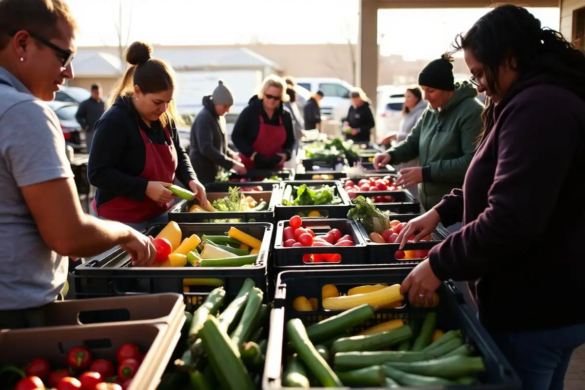 Volunteers sorting fresh produce into crates at an outdoor community food distribution