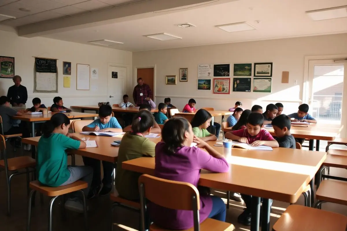 Students doing homework at long tables with an adult mentor in a community room