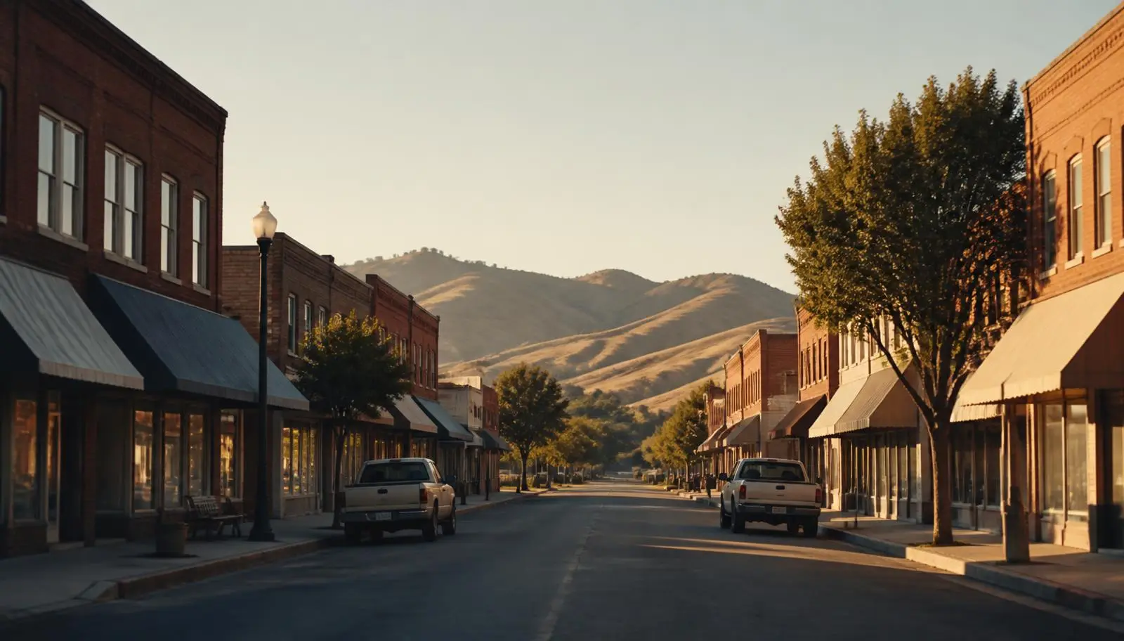 Quiet small-town main street with brick storefronts and the Gabilan hills beyond