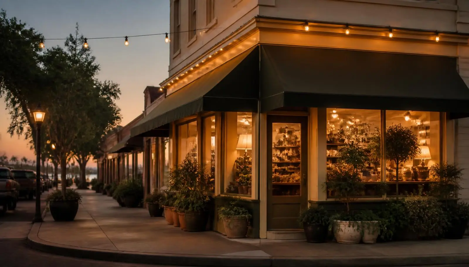 A warmly lit downtown corner shop at dusk with string lights over the sidewalk