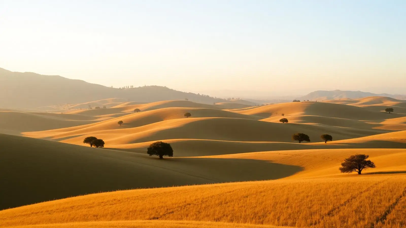 Golden oak-dotted hills of San Benito County at sunset