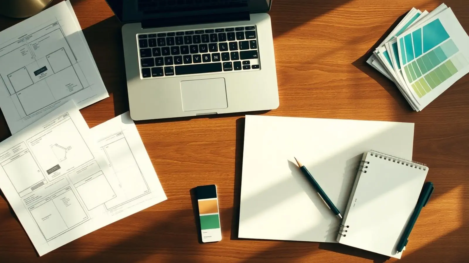 Wireframe sketches, color swatches, and a laptop on a designer's desk in warm California daylight