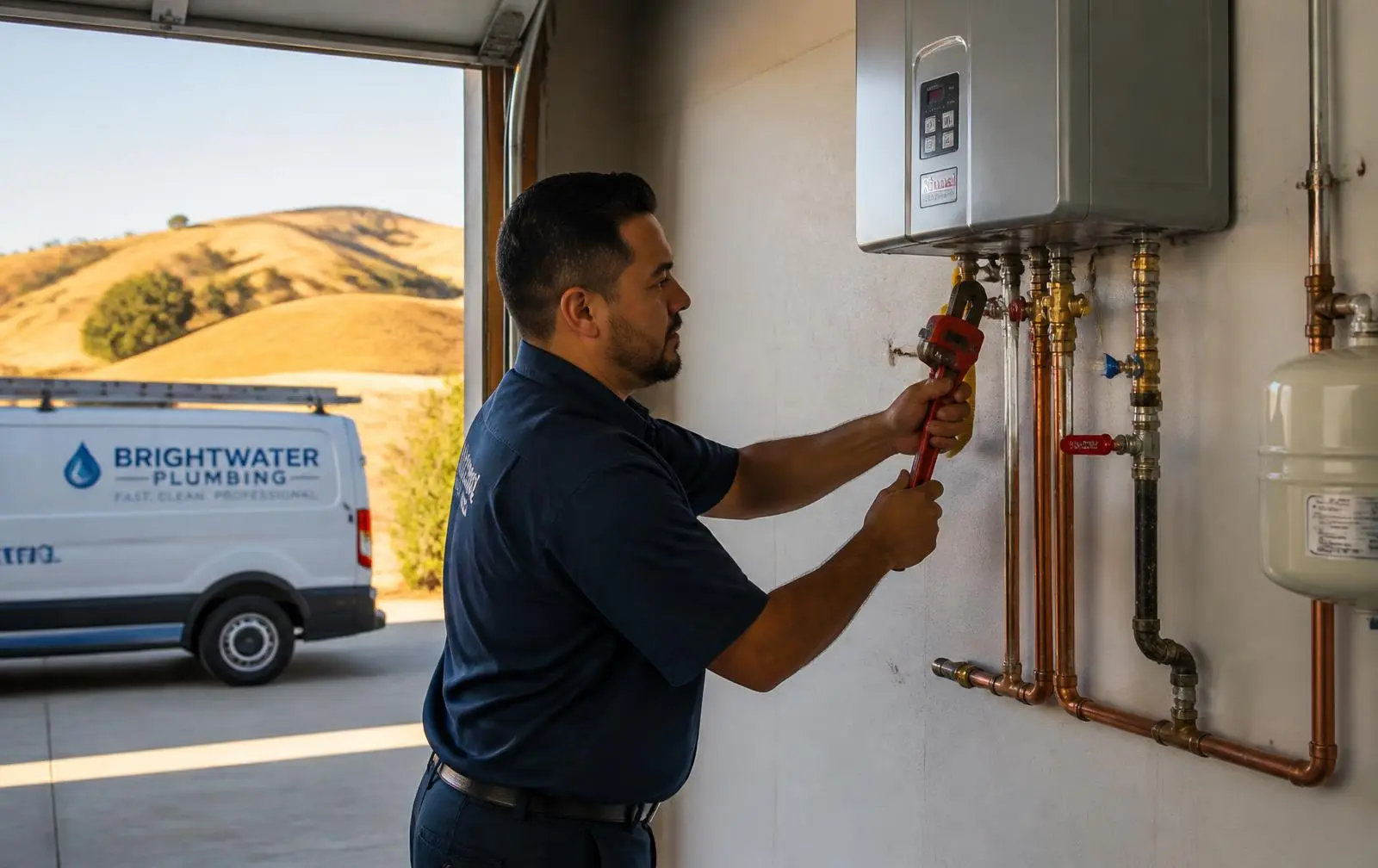 Licensed plumber fitting copper pipe on a newly installed water heater in a Hollister garage